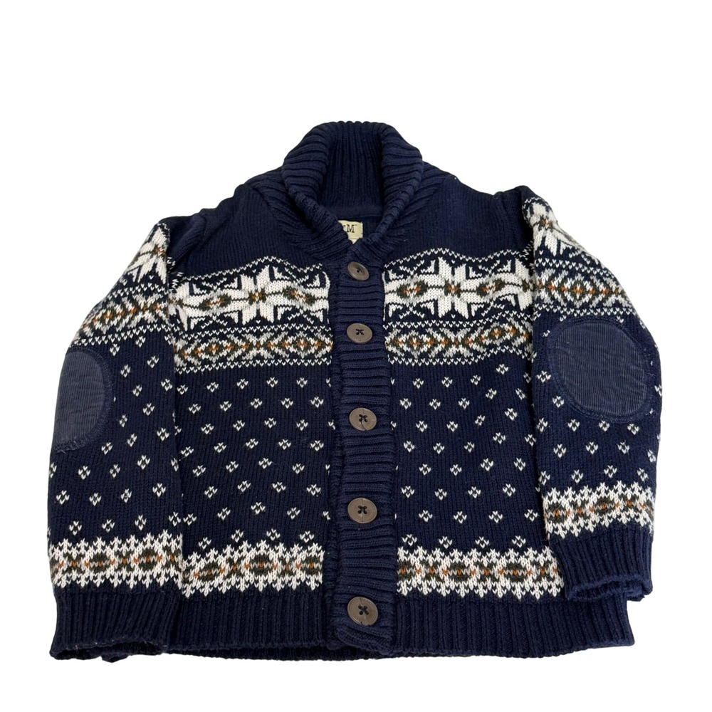 E of M Boys Navy Blue Fair Isle Shawl Collar Button Cardigan Sweater Size 3T